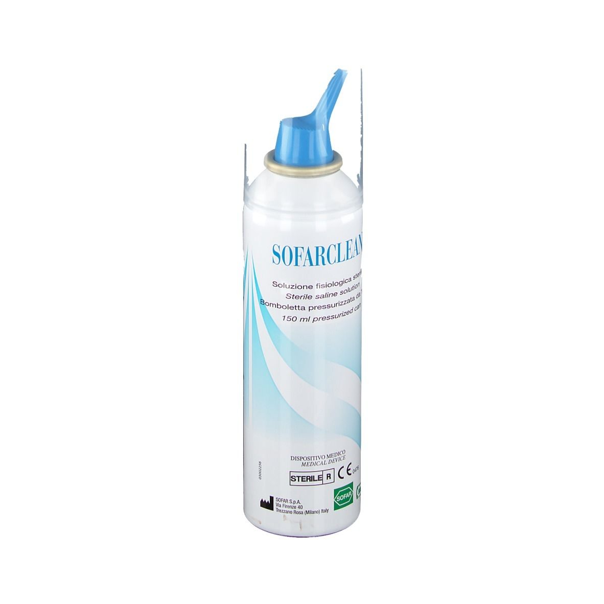 Flacone SOFARCLEAN® con beccuccio blu. Testo: 150 ml pressurized can. Soluzione salina sterile. Dispositivo medico.