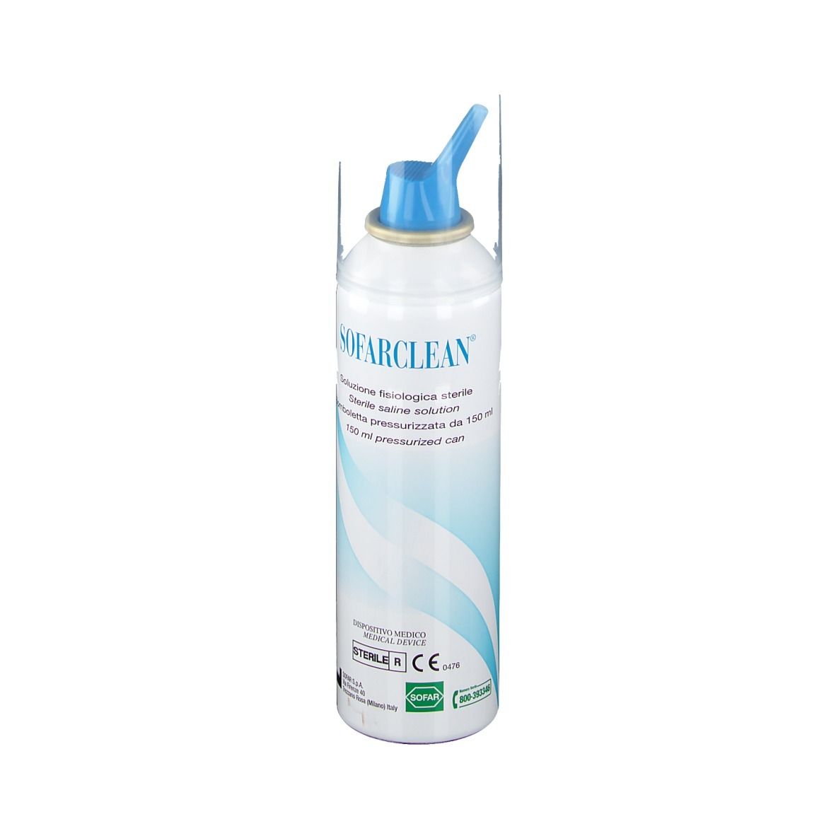 Flacone SOFARCLEAN® con beccuccio blu. Testo: 150 ml pressurized can. Soluzione salina sterile. Dispositivo medico.