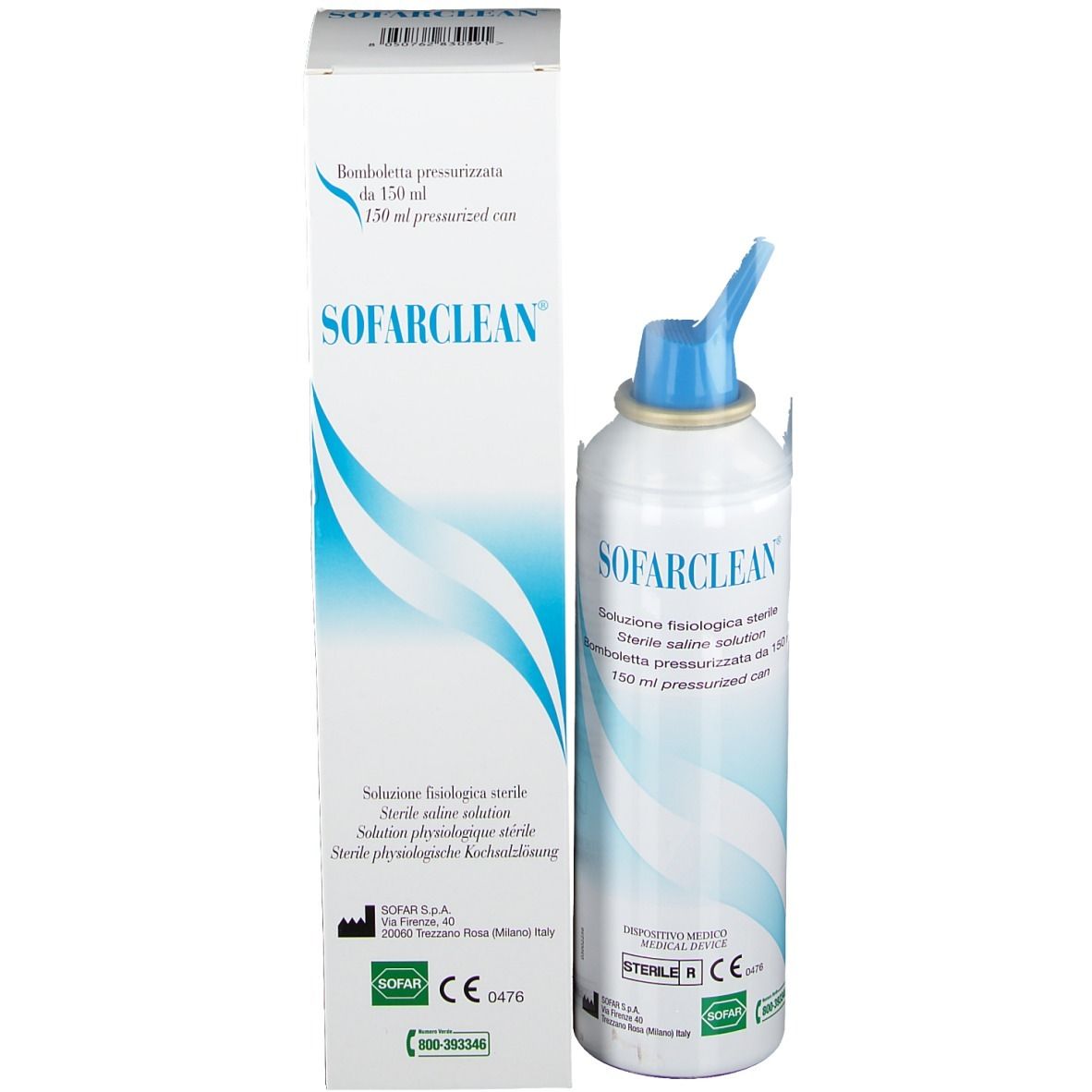 Flacone SOFARCLEAN® e confezione. Testo: 150 ml pressurized can. Soluzione salina sterile. Dispositivo medico.