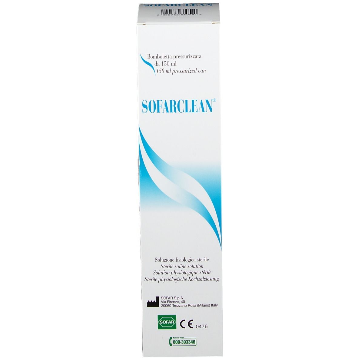 Confezione SOFARCLEAN®. Testo: 150 ml pressurized can. Soluzione salina sterile. Dispositivo medico.