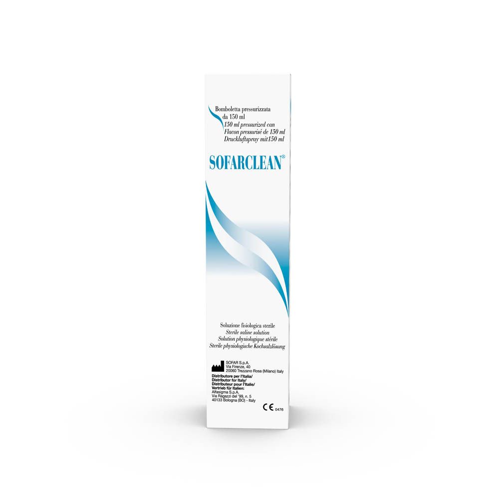 Scatola bianca con logo e testo blu. Nome prodotto: SOFARCLEAN. Contiene 150 ml. Marchio CE.