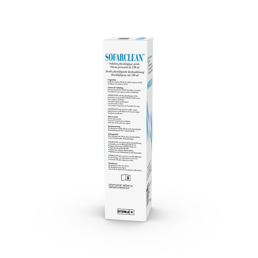 Scatola bianca con logo e testo blu. Nome prodotto: SOFARCLEAN. Contiene 150 ml. Marchio CE.