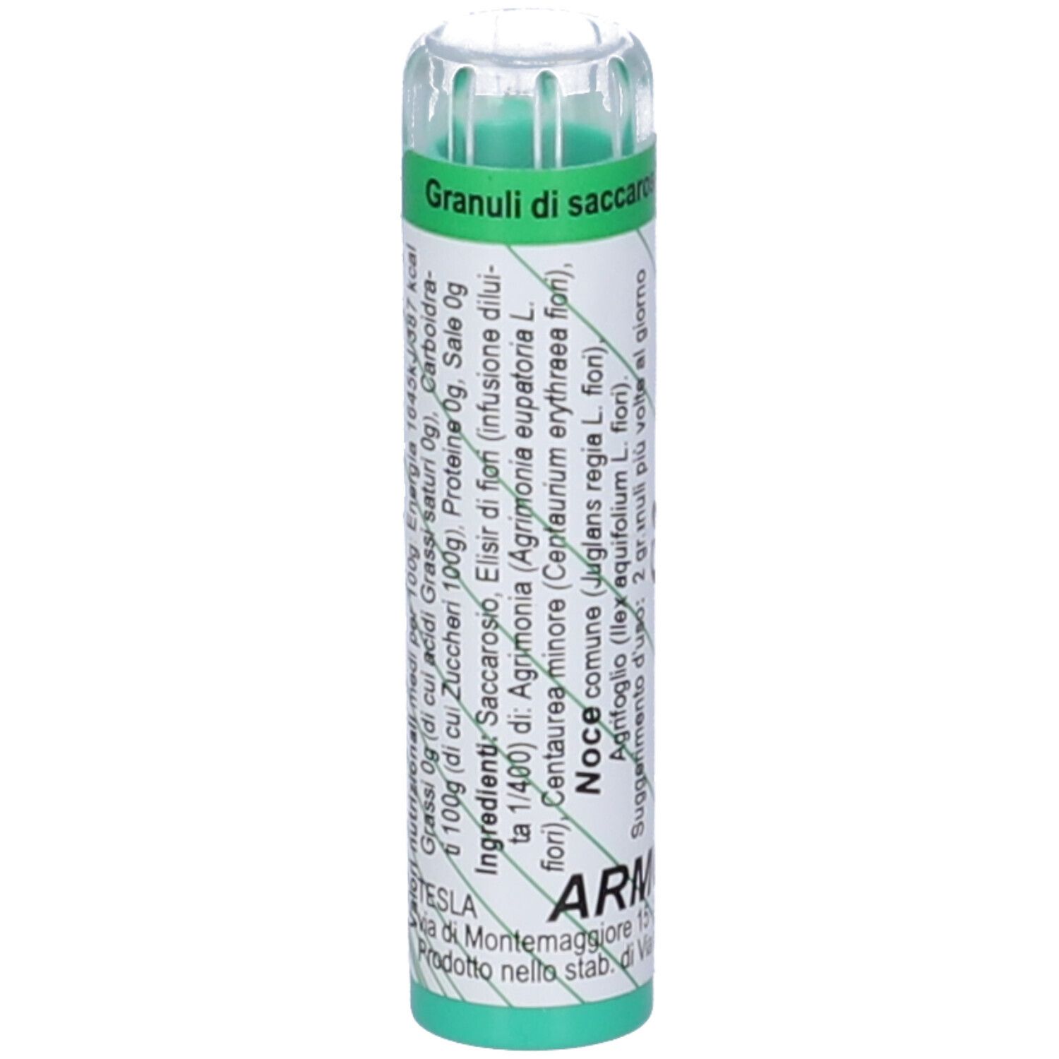 Confezione cilindrica verde con testo bianco. Contiene granuli. Visibile: Armonic, ingredienti, informazioni nutrizionali.