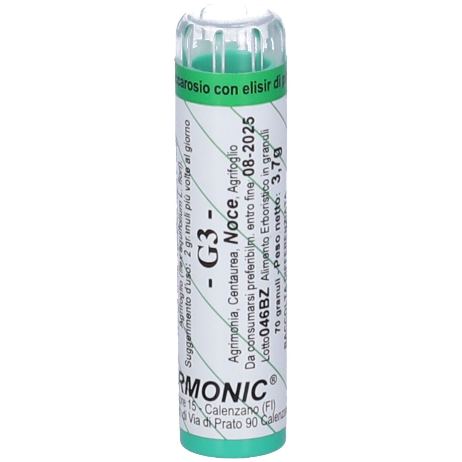 Confezione cilindrica verde con testo bianco. Contiene granuli. Visibile: Armonic, G3, 70 granuli, data di scadenza.
