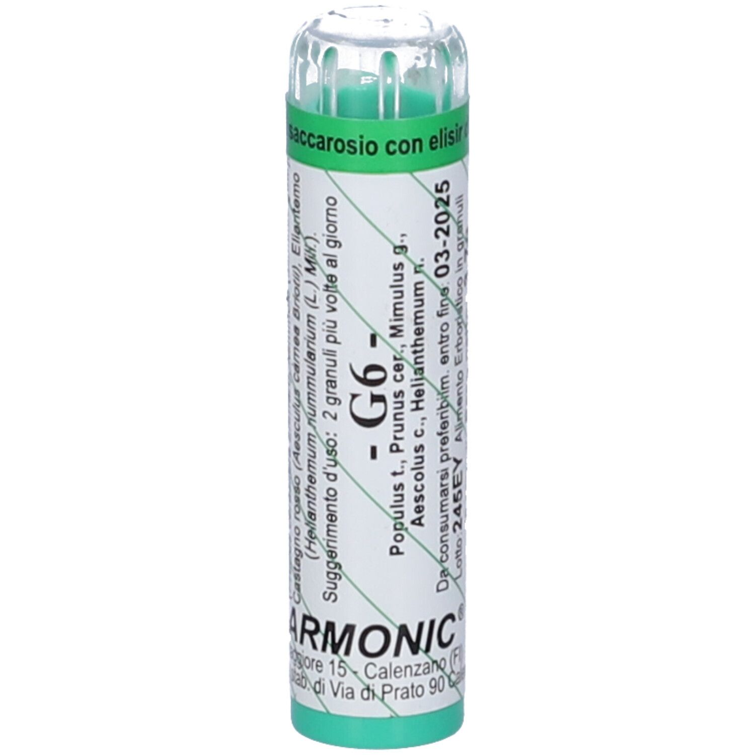 Confezione cilindrica verde con coperchio trasparente. Scritte: Armonic G6, ingredienti, scadenza 03-2025, 70 granuli, 3,7g.