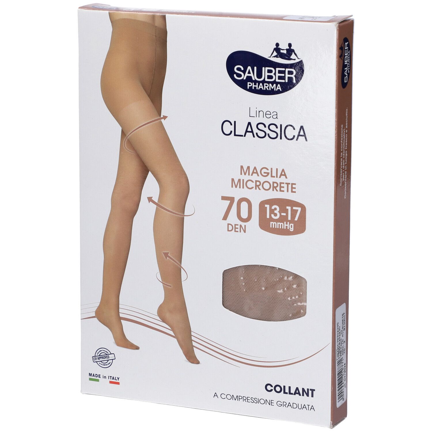Confezione collant Sauber Pharma, modello 70 Denari Maglia Microrete. 70 denari, compressione 13-17 mmHg. Collant beige raffigurati.