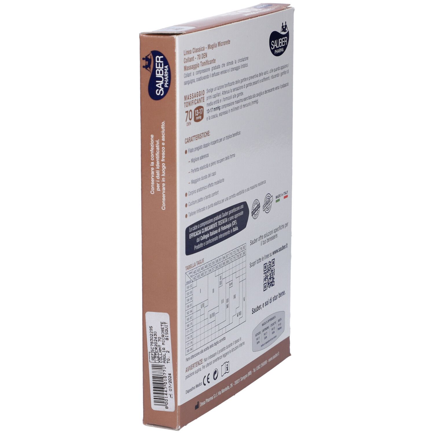 Lato confezione collant Sauber 70 Denari Maglia Microrete. Produttore, ingredienti, codice a barre.