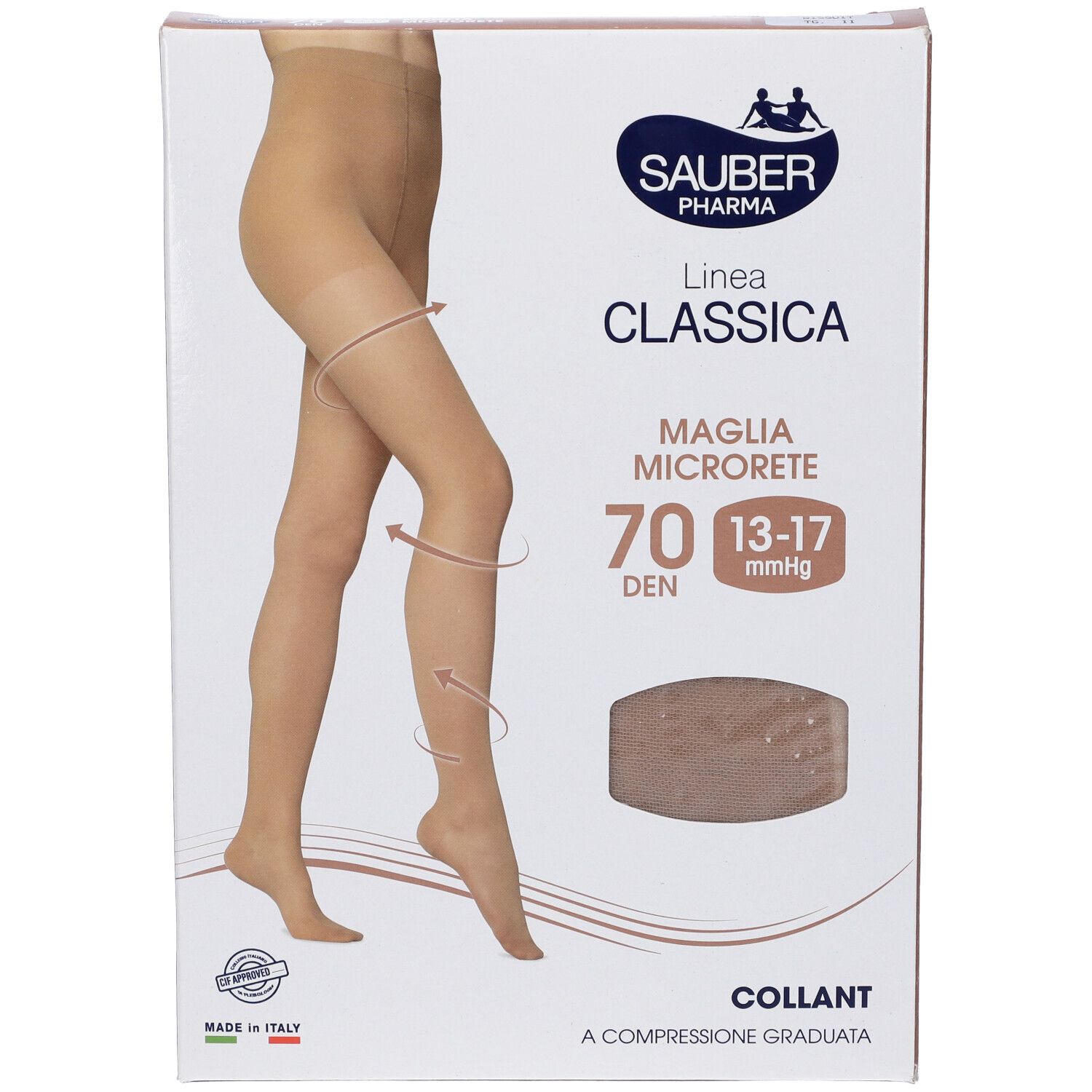 Confezione collant Sauber Pharma, modello 70 Denari Maglia Microrete. 70 denari, compressione 13-17 mmHg. Collant beige raffigurati.