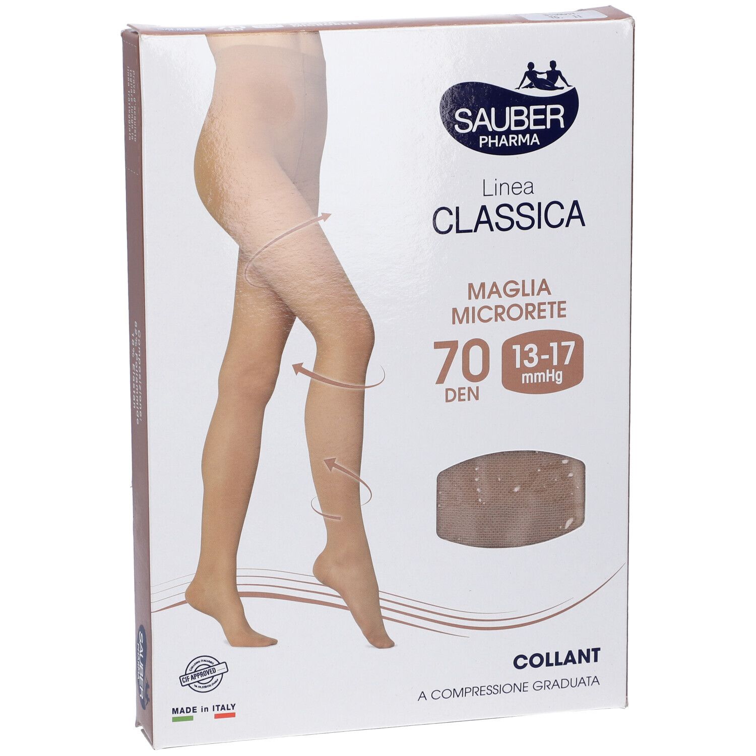 Confezione collant Sauber Pharma, modello 70 Denari Maglia Microrete. 70 denari, compressione 13-17 mmHg. Collant beige raffigurati.