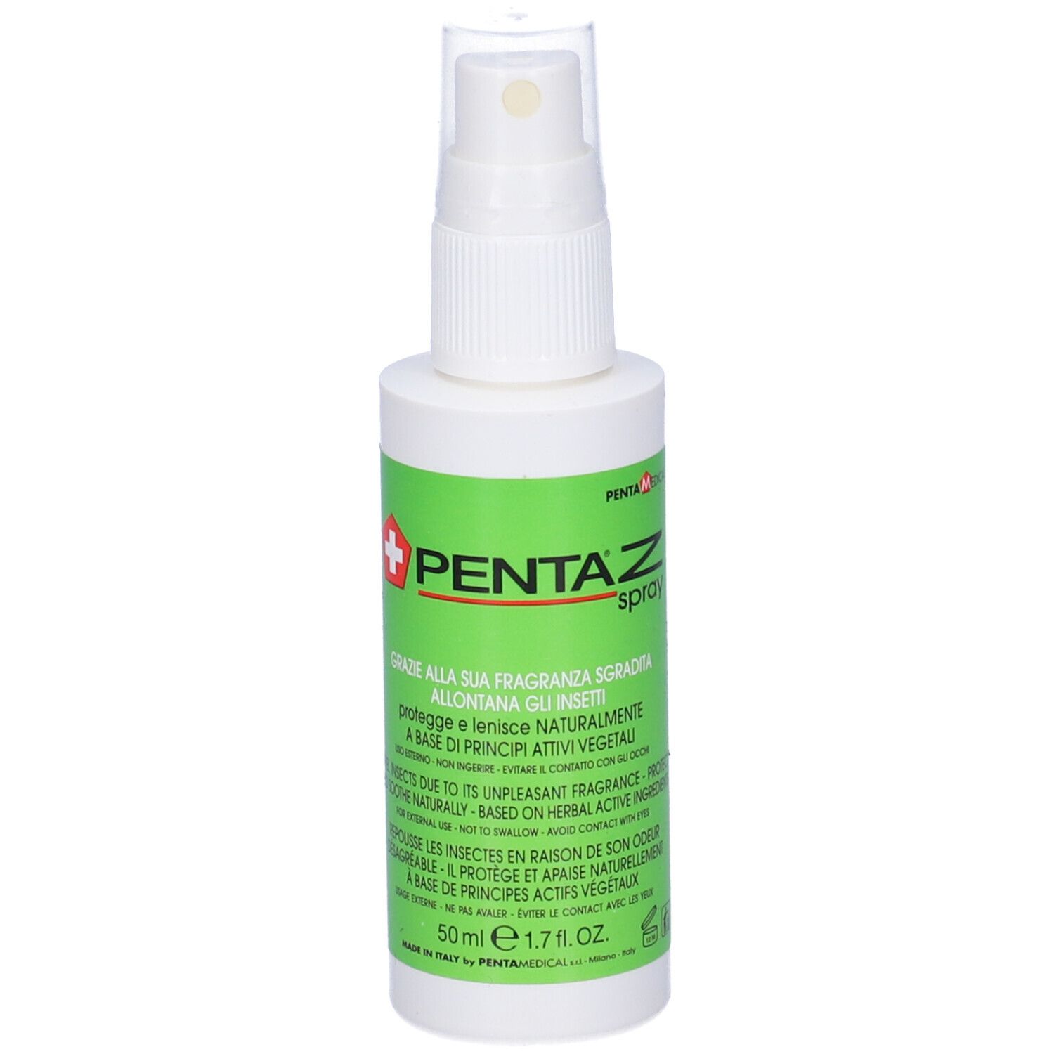 Flacone spray bianco con etichetta verde. Scritta: PENTA Z spray. 50 ml. Con spruzzatore.