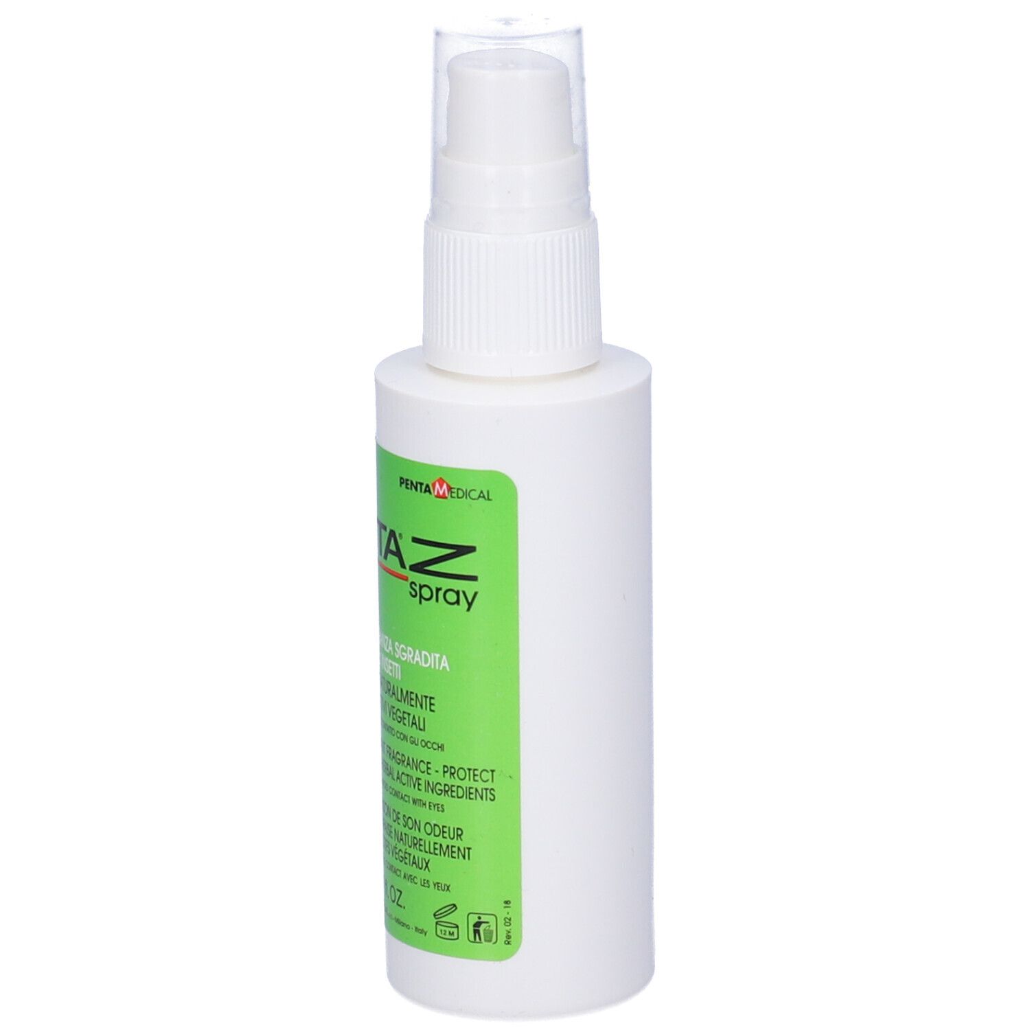 Flacone spray bianco con etichetta verde. Scritta: PENTA Z spray. Con spruzzatore.