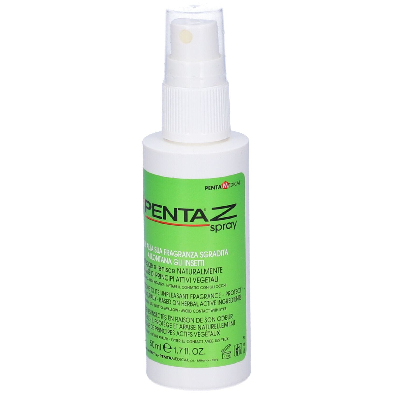 Flacone spray bianco con etichetta verde. Scritta: PENTA Z spray. 50 ml. Con spruzzatore.