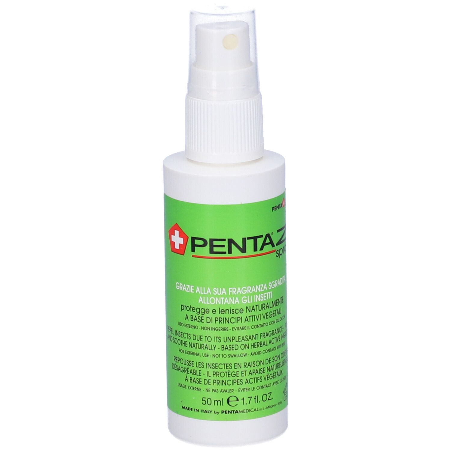 Flacone spray bianco con etichetta verde. Scritta: PENTA Z spray. 50 ml. Con spruzzatore.