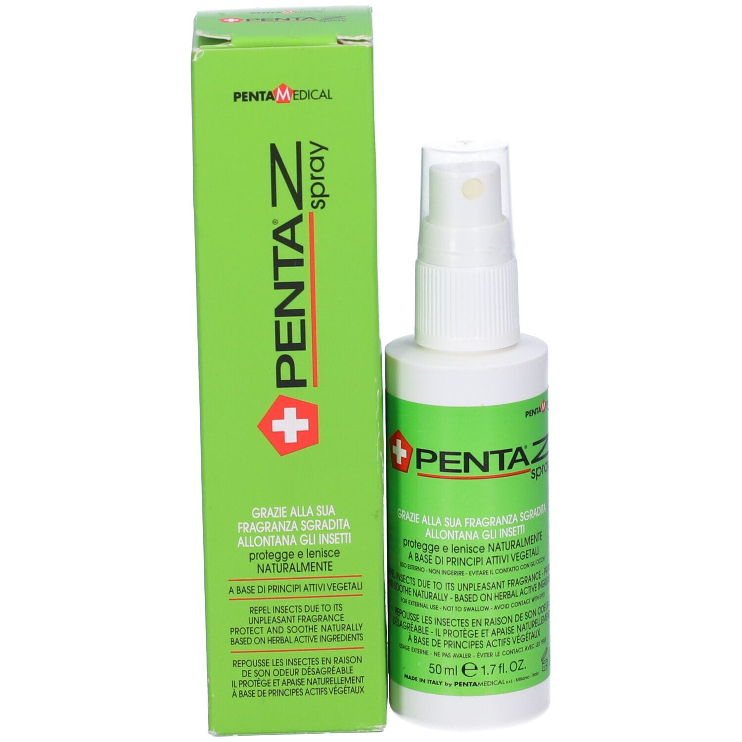 Flacone spray bianco con etichetta verde e scatola. Scritta: PENTA Z spray. 50 ml. Con spruzzatore.