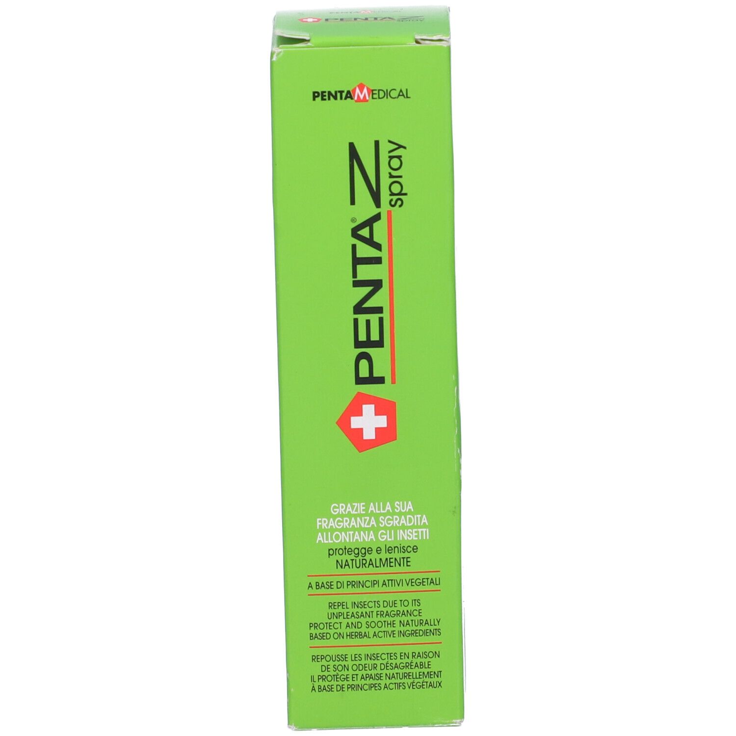 Confezione del prodotto verde. Scritta: PENTA Z spray. Con croce rossa.