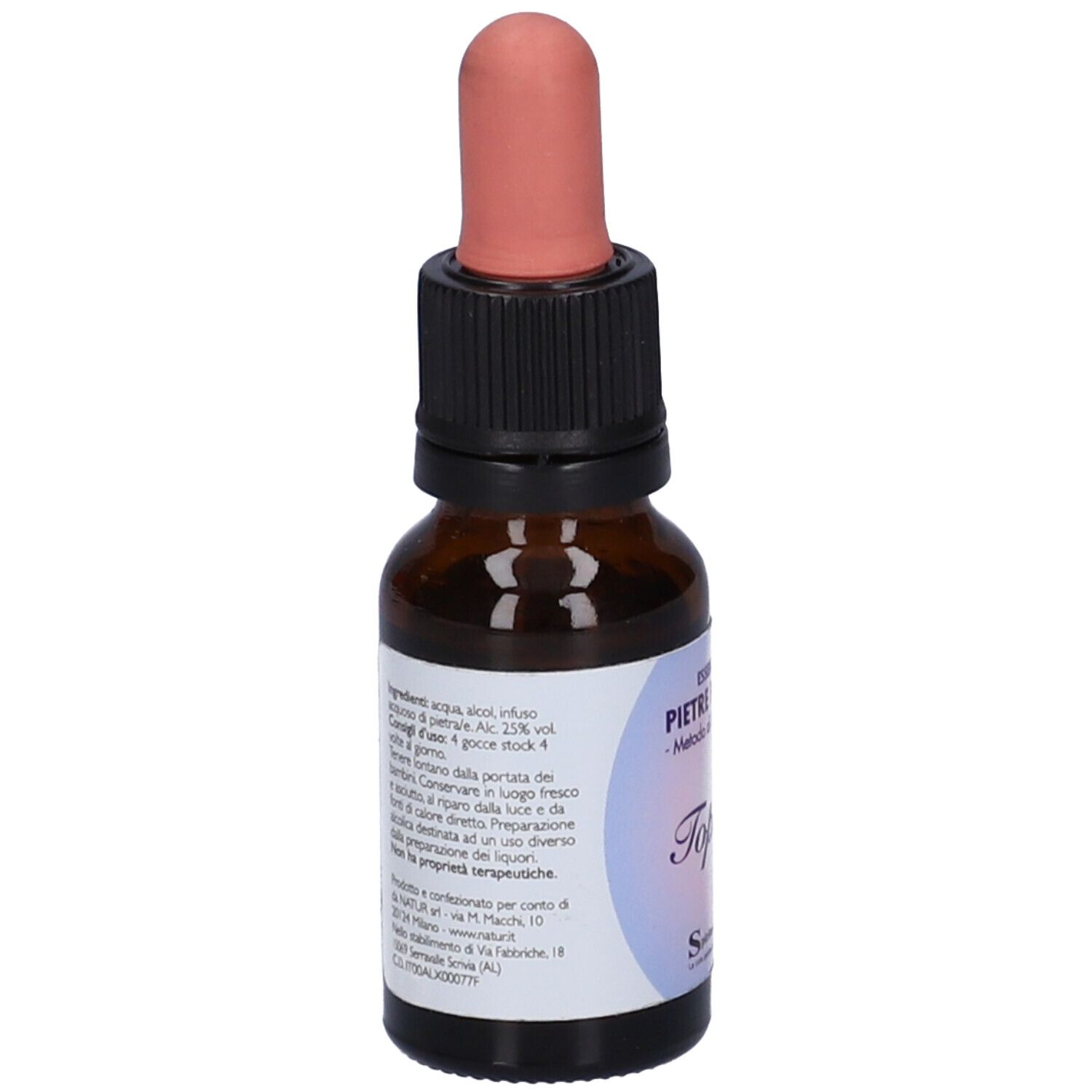 Flacone di vetro marrone con contagocce. Etichetta con testo. Tappo rosa. Vista posteriore con ingredienti e istruzioni.