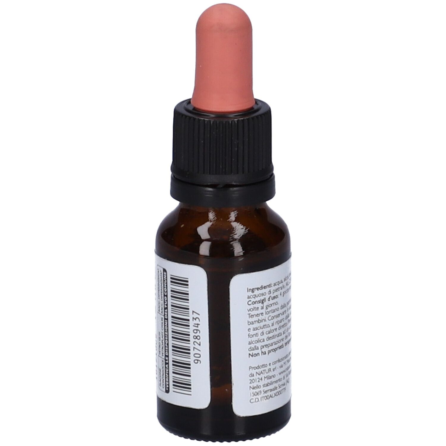 Flacone di vetro marrone con contagocce. Etichetta con testo e codice a barre. Tappo rosa. Vista posteriore con testo.