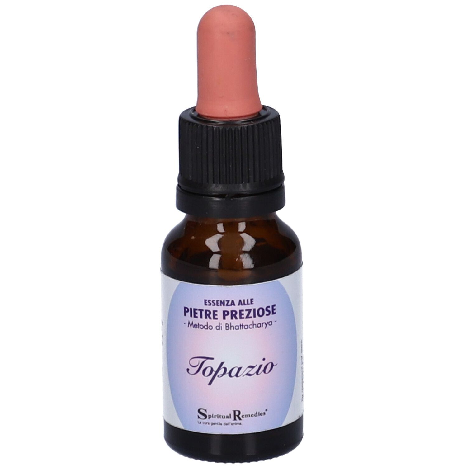 Flacone di vetro marrone con contagocce. Scritta "Topazio" e "15 ml". Etichetta con testo. Tappo rosa.