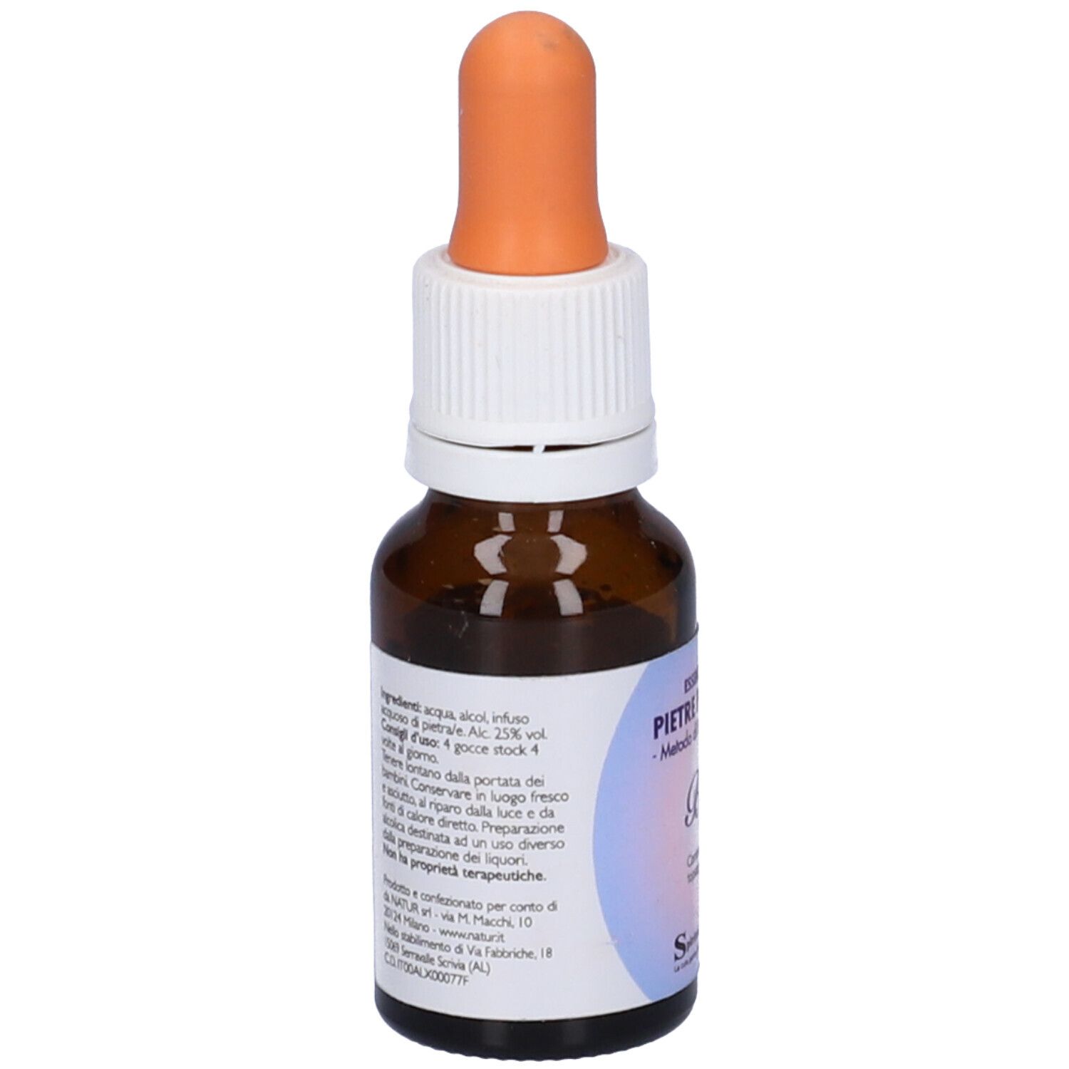 Flacone di vetro marrone con etichetta bianca e contagocce arancione. L'etichetta contiene testo e ingredienti.