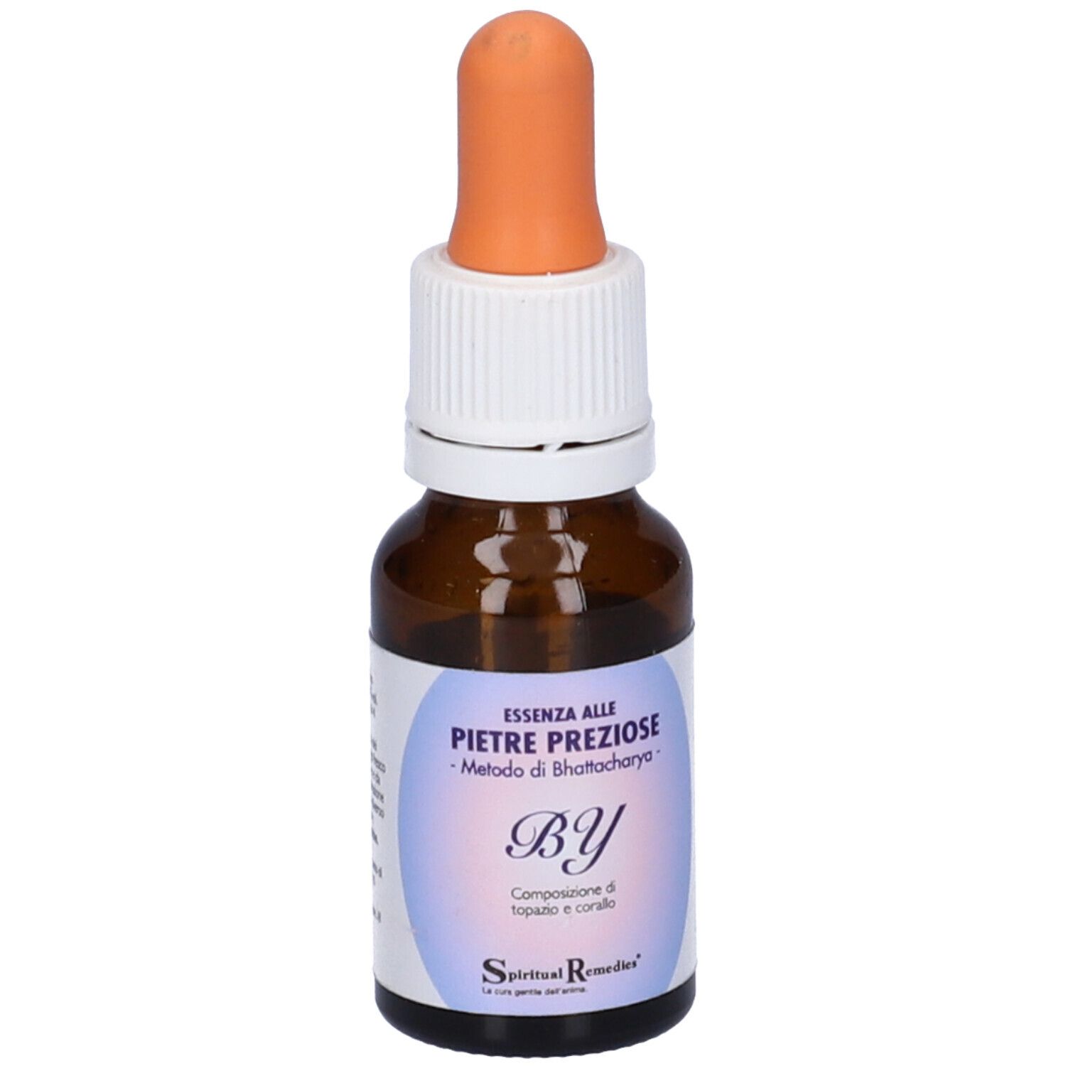 Flacone di vetro marrone con etichetta bianca e contagocce arancione. L'etichetta recita "ESSENZA ALLE PIETRE PREZIOSE" e "BY".