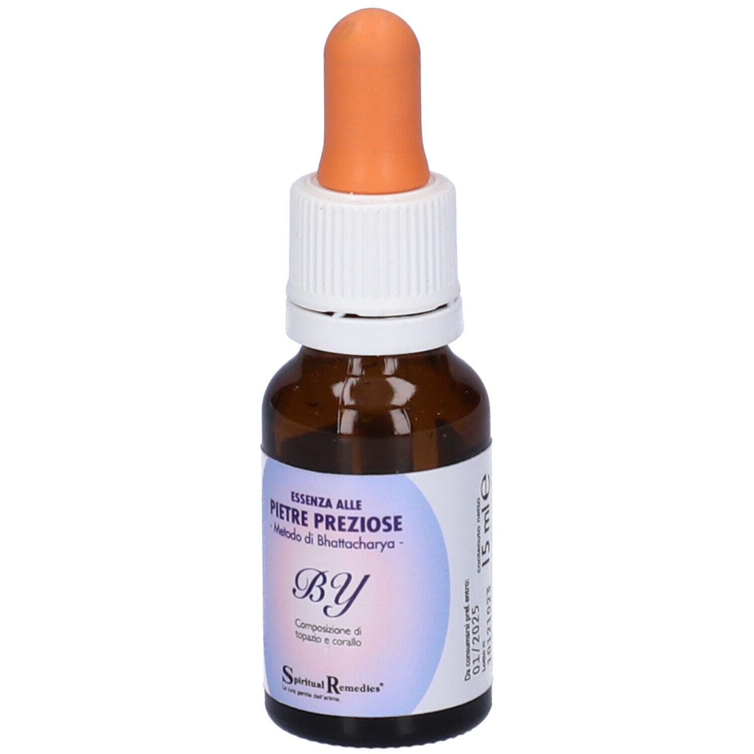 Flacone di vetro marrone con etichetta bianca e contagocce arancione. L'etichetta indica "15 ml".