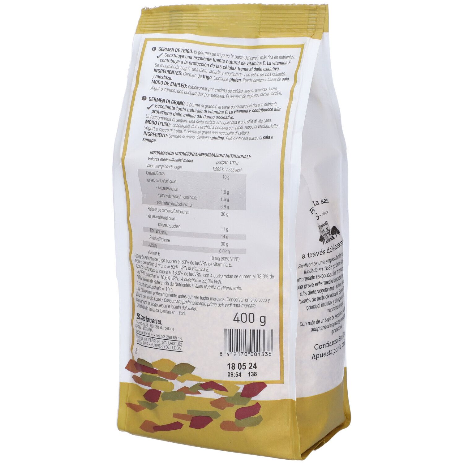 Retro della confezione. Contiene informazioni nutrizionali e sul prodotto. Scritta: 400 g. Confezione giallo-bianca.
