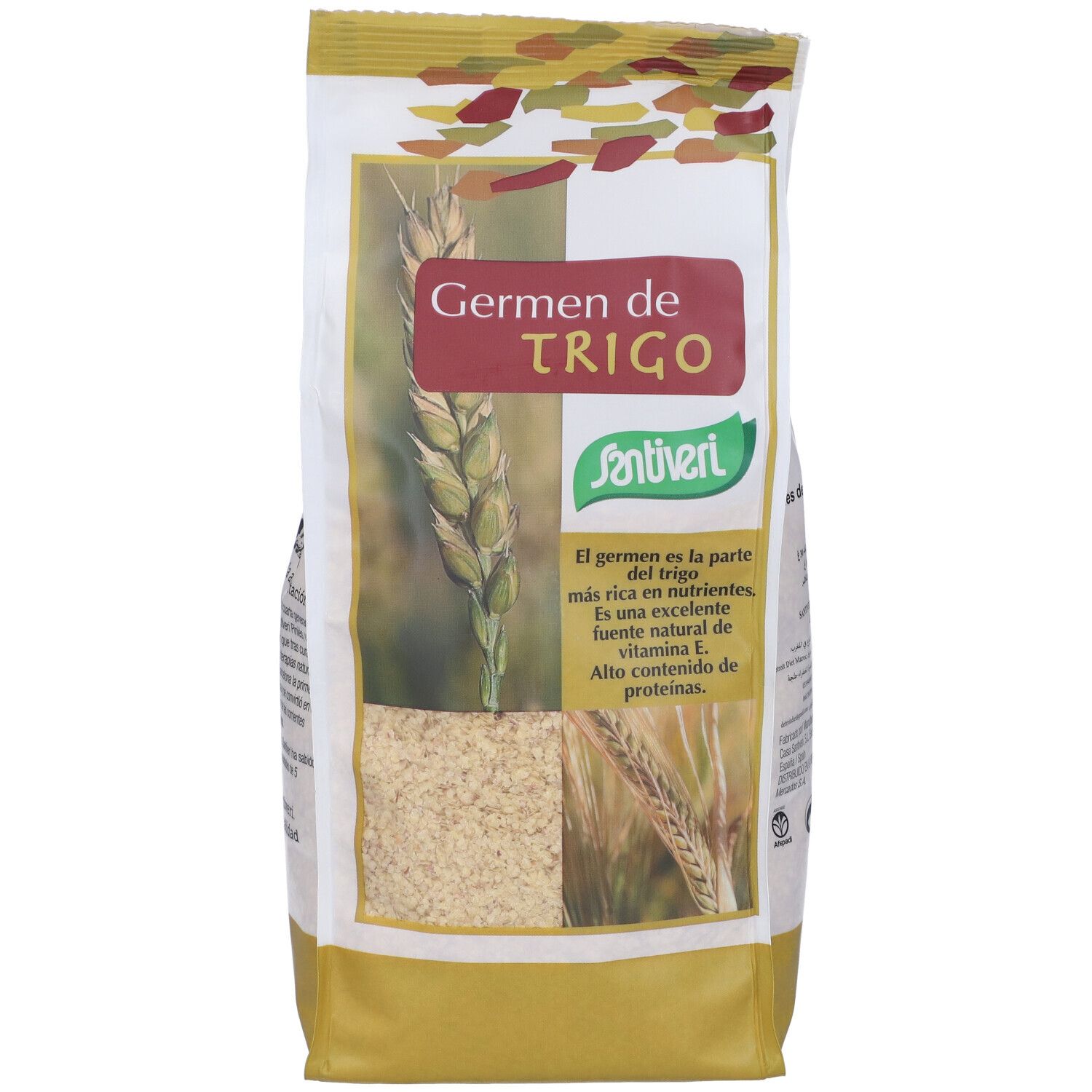 Confezione con stampa del prodotto. Scritta: Germen de Trigo, Santiveri. Immagine di spighe di grano e del prodotto. Confezione giallo-bianca.