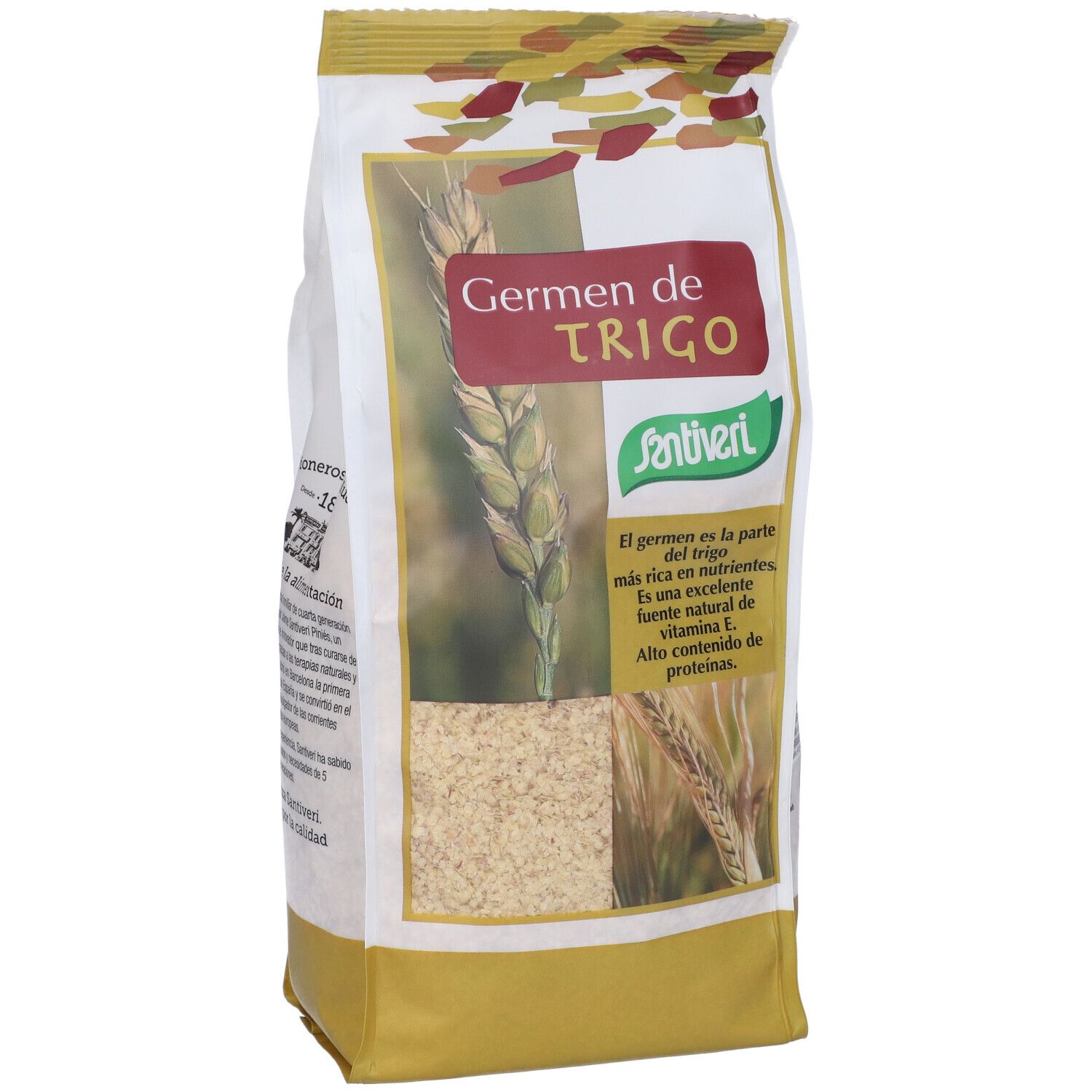 Confezione con stampa del prodotto. Scritta: Germen de Trigo, Santiveri. Immagine di spighe di grano e del prodotto. Confezione giallo-bianca.