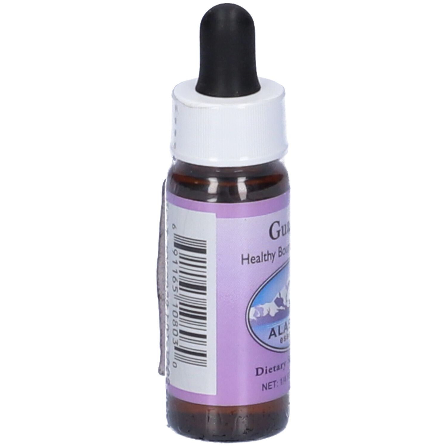 Flacone di vetro marrone con contagocce nero. Etichetta con codice a barre e "Guardian", "Alaskan Essences".