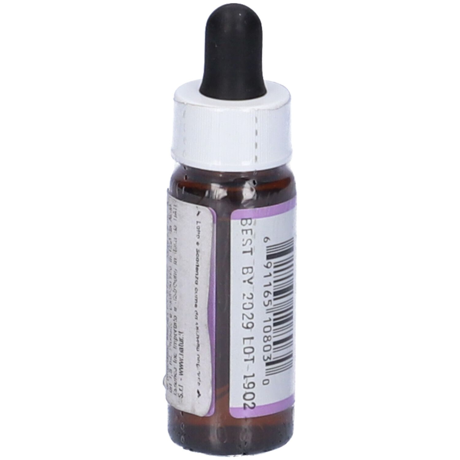 Flacone di vetro marrone con contagocce nero. Etichetta con "BEST BY 2029" e codice a barre. Nome del prodotto illeggibile.