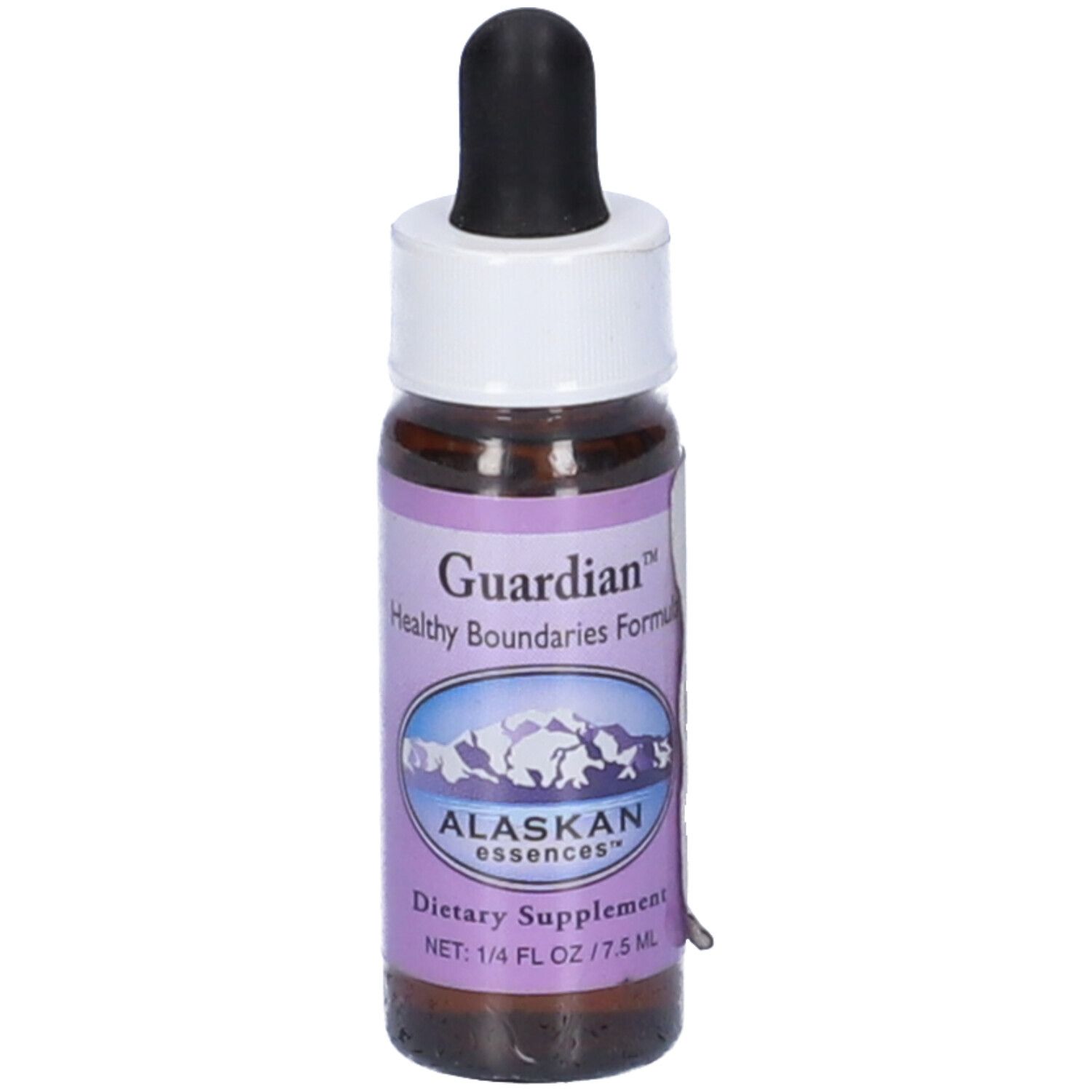 Flacone di vetro marrone con contagocce nero. Etichetta con "Guardian", "Alaskan Essences" e "Dietary Supplement".
