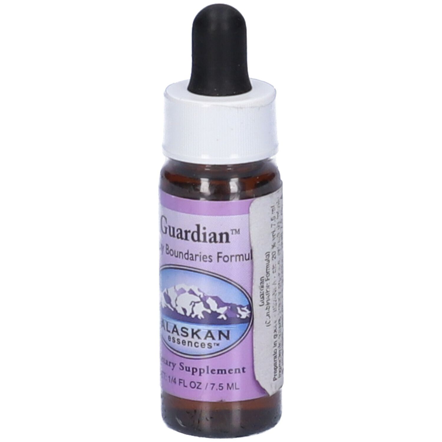Flacone di vetro marrone con contagocce nero. Etichetta con "Guardian", "Alaskan Essences" e "Dietary Supplement".