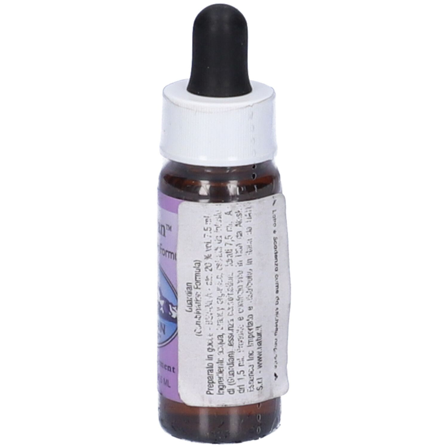 Flacone di vetro marrone con contagocce nero. Etichetta con "Guardian", "Alaskan Essences" e informazioni.