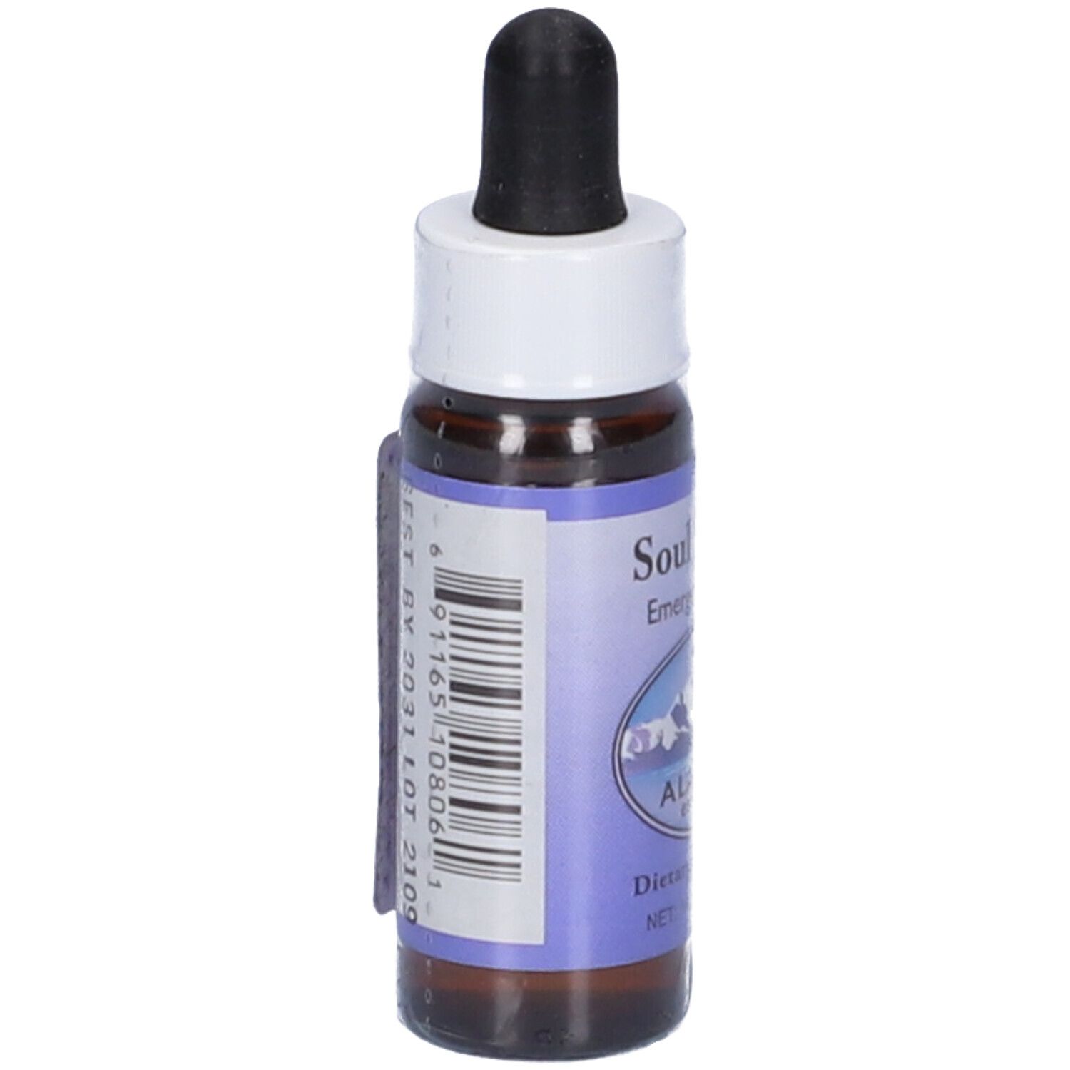 Flacone di vetro marrone con etichetta e codice a barre. Scritta: Soul Support, Alaskan Essences. 7,5 ml.