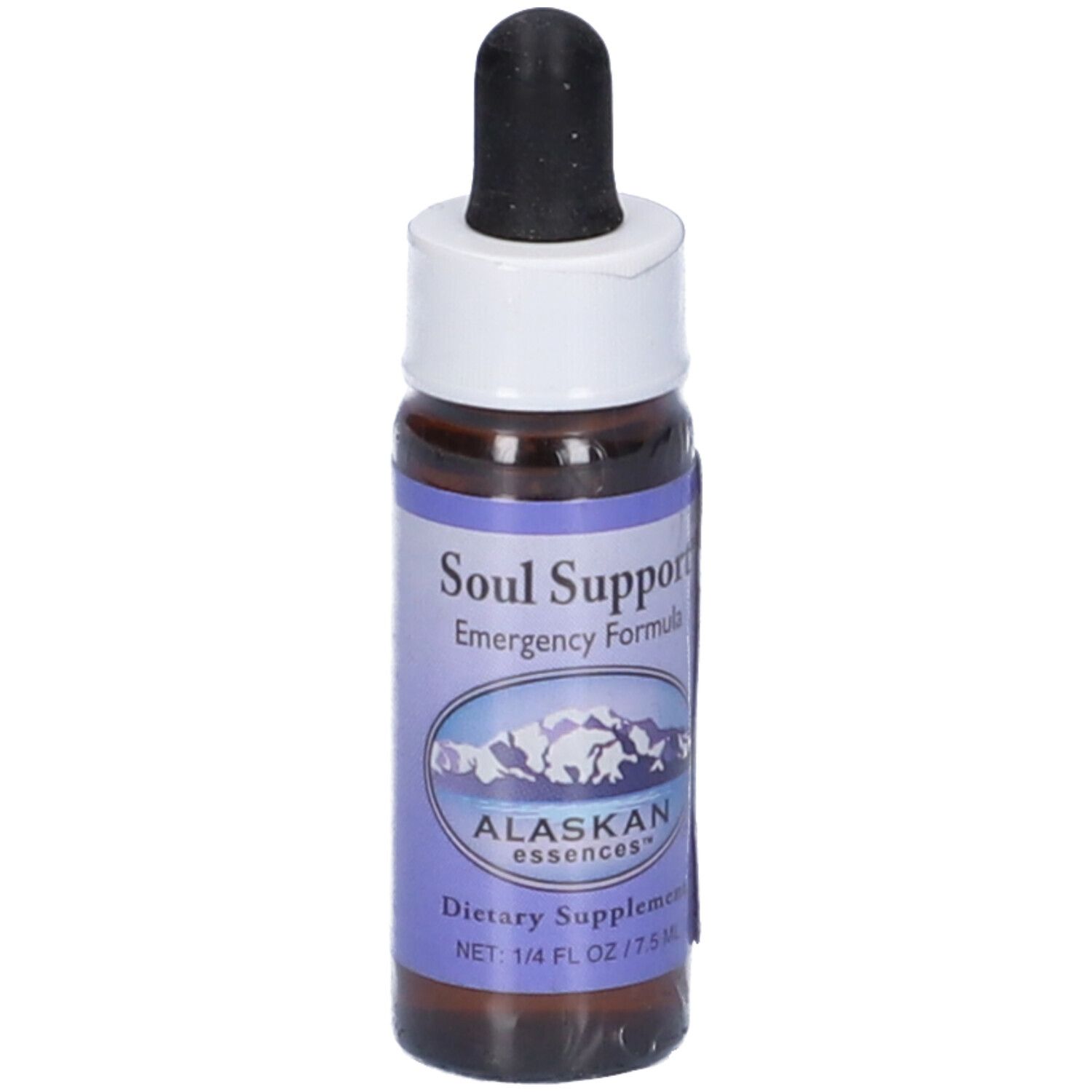 Flacone di vetro marrone con contagocce nero. Scritta: Soul Support, Alaskan Essences. 7,5 ml.