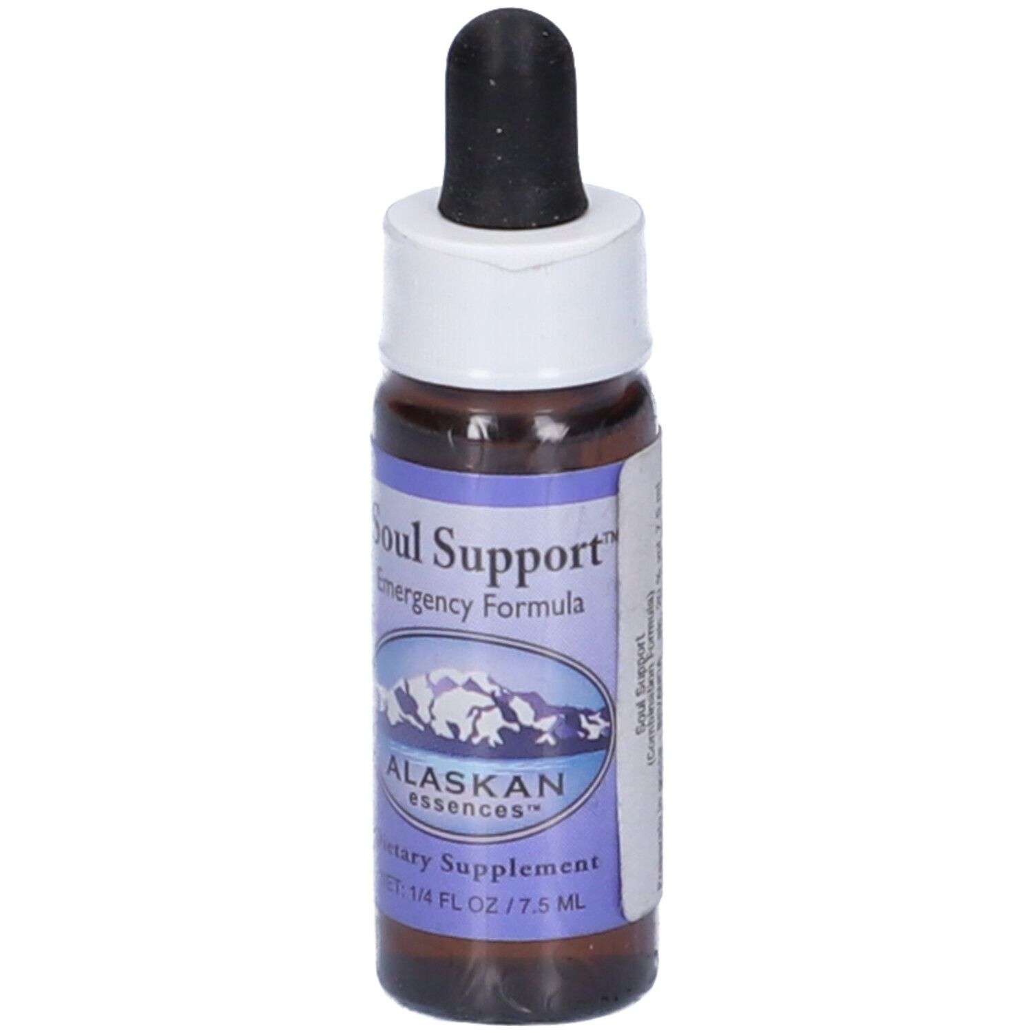 Flacone di vetro marrone con contagocce nero. Scritta: Soul Support, Alaskan Essences. 7,5 ml.