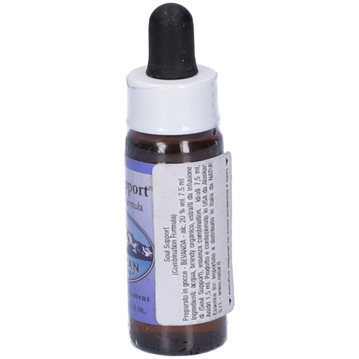 Flacone di vetro marrone con etichetta e contagocce nero. Scritta: Soul Support, Alaskan Essences. 7,5 ml.