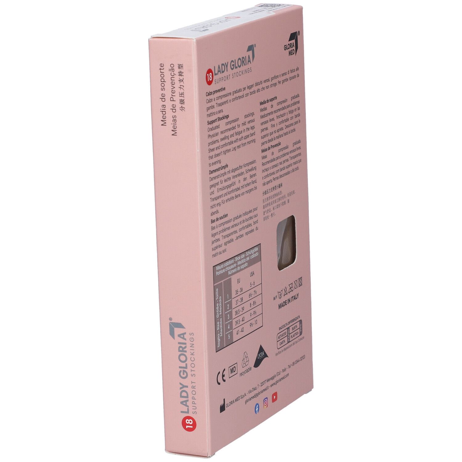 Scatola Lady Gloria Support Stockings con tabella delle taglie.