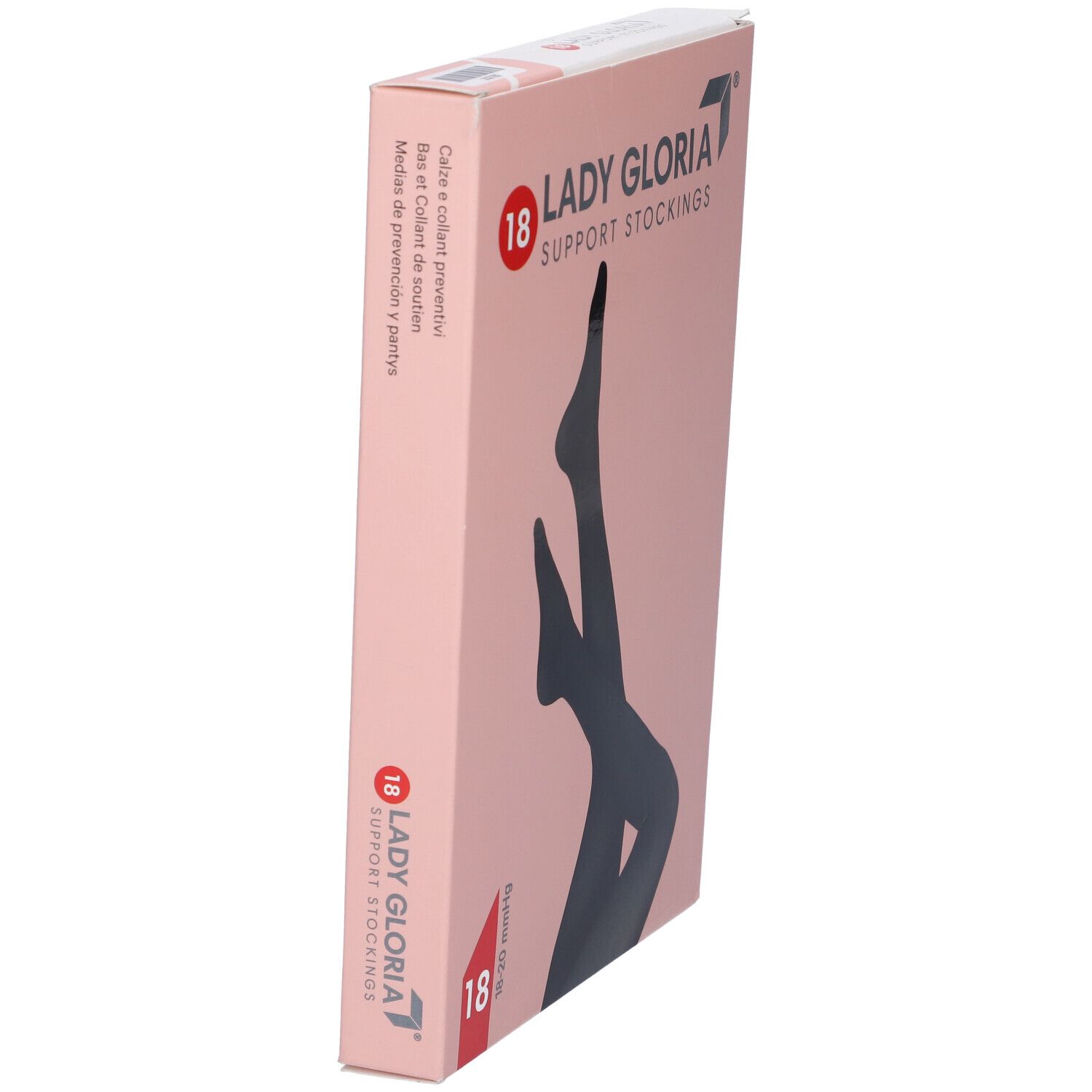 Confezione di calze Ladygloria. Illustrazione di collant neri. Stampa: 18 mmHg. Confezione rosa.