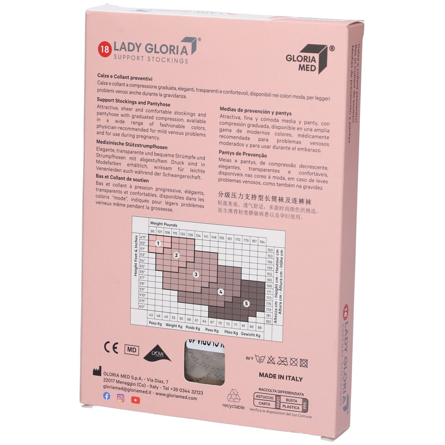 Retro della confezione di calze Ladygloria. Testo multilingue. Diagramma. Confezione rosa.