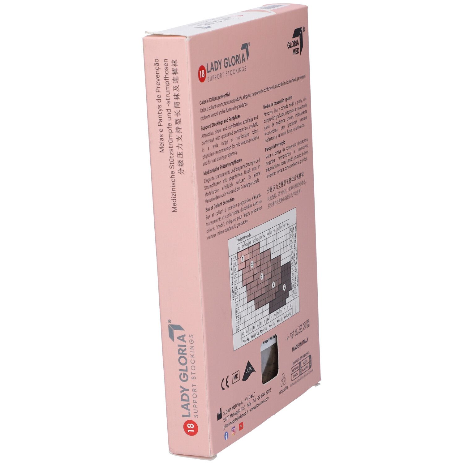 Lato della confezione di calze Ladygloria. Testo multilingue. Diagramma. Confezione rosa.