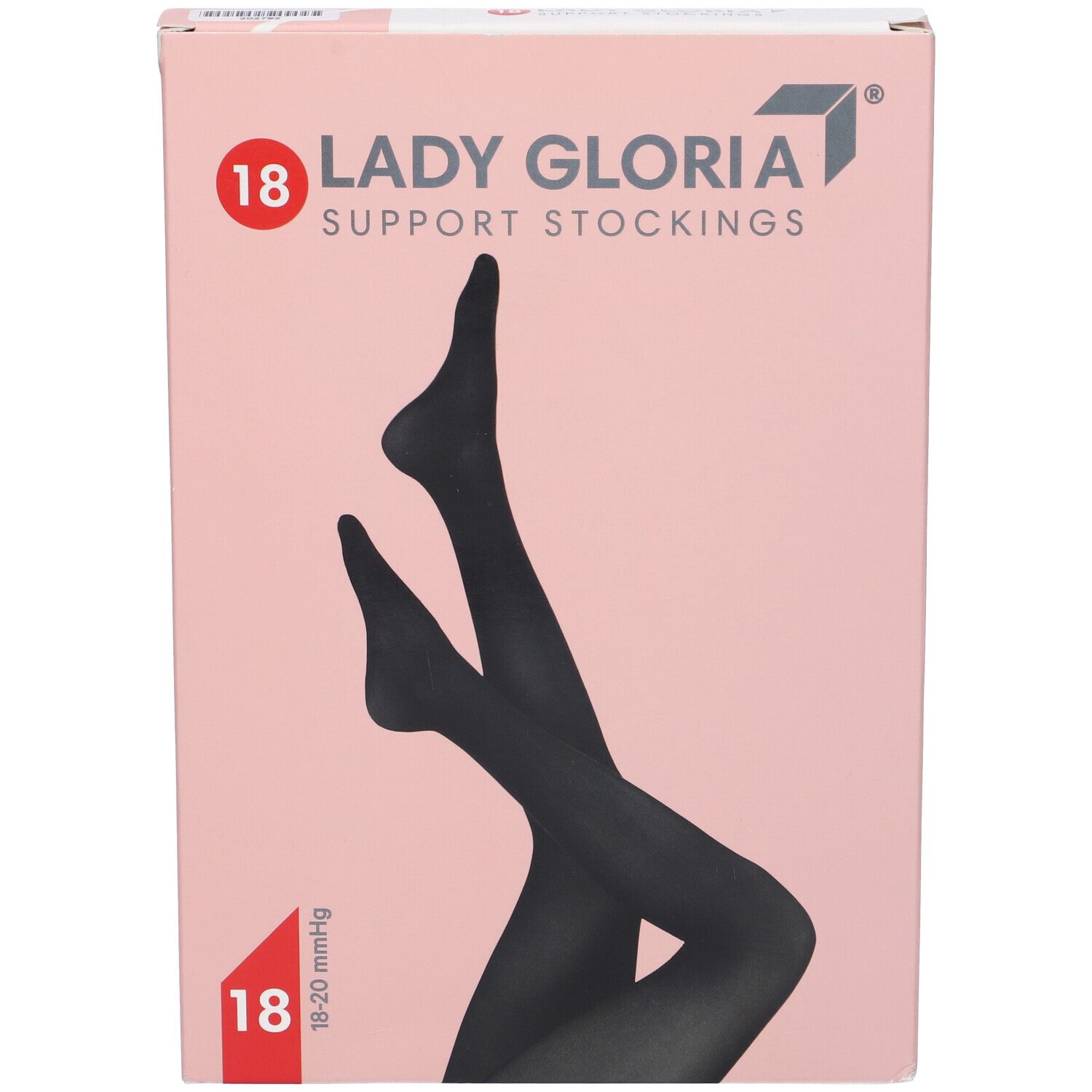 Confezione di calze Ladygloria. Illustrazione di collant neri. Stampa: 18-20 mmHg. Confezione rosa.