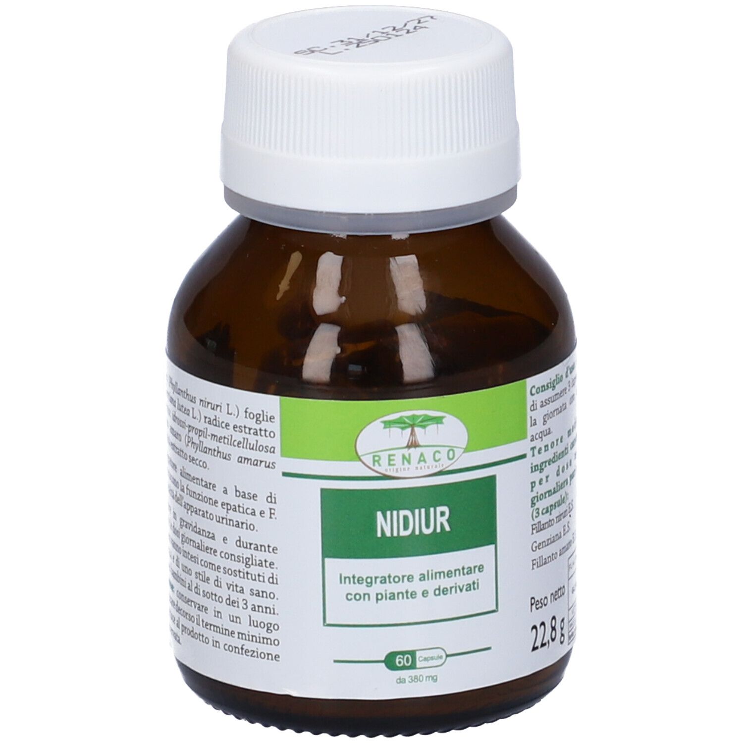 Flacone di vetro marrone con tappo bianco. Etichetta con fascia verde e testo. Scritta: NIDIUR, 60 capsule. Peso: 22,8 g.