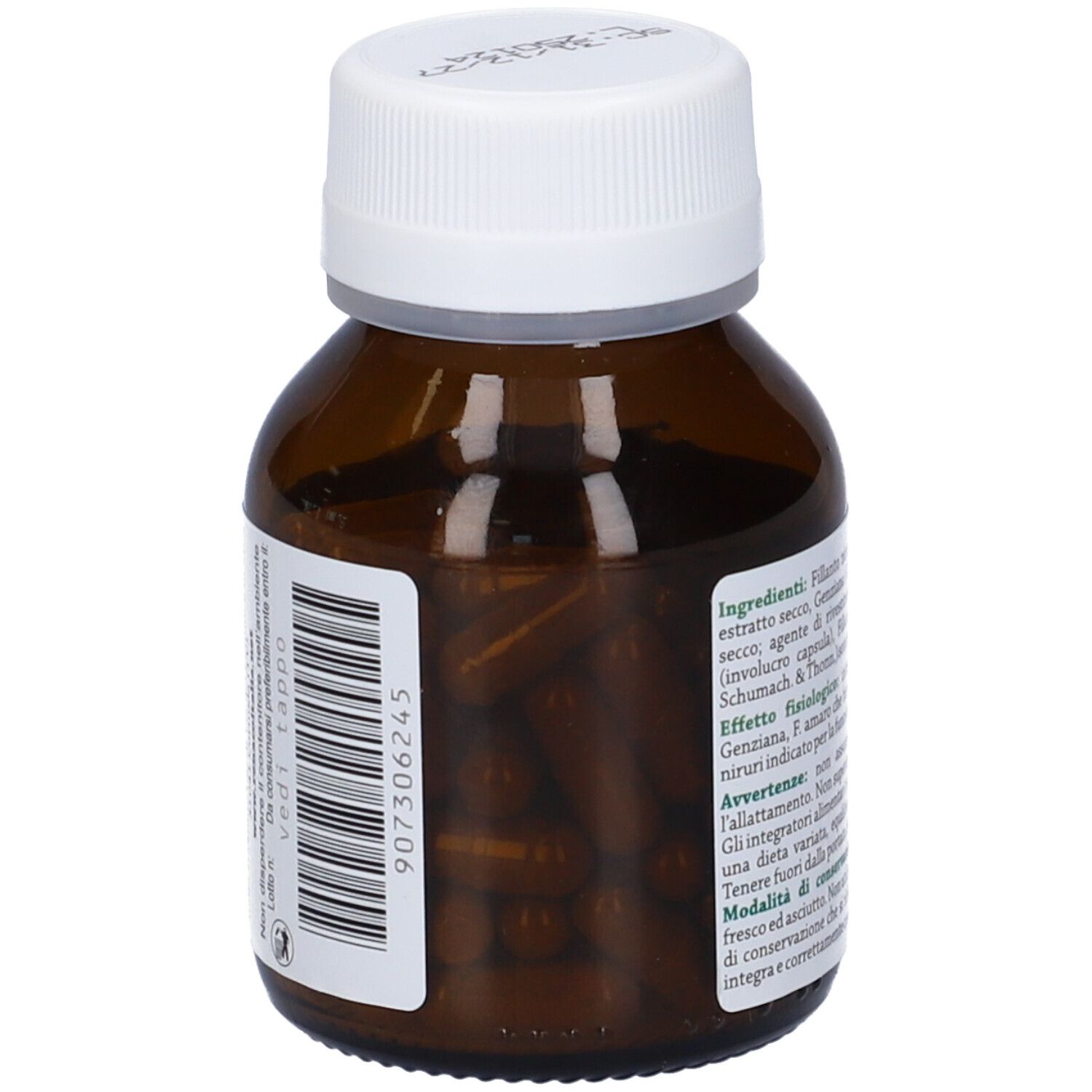 Flacone di vetro marrone con tappo bianco. Vista delle capsule all'interno. Etichetta con codice a barre e testo.
