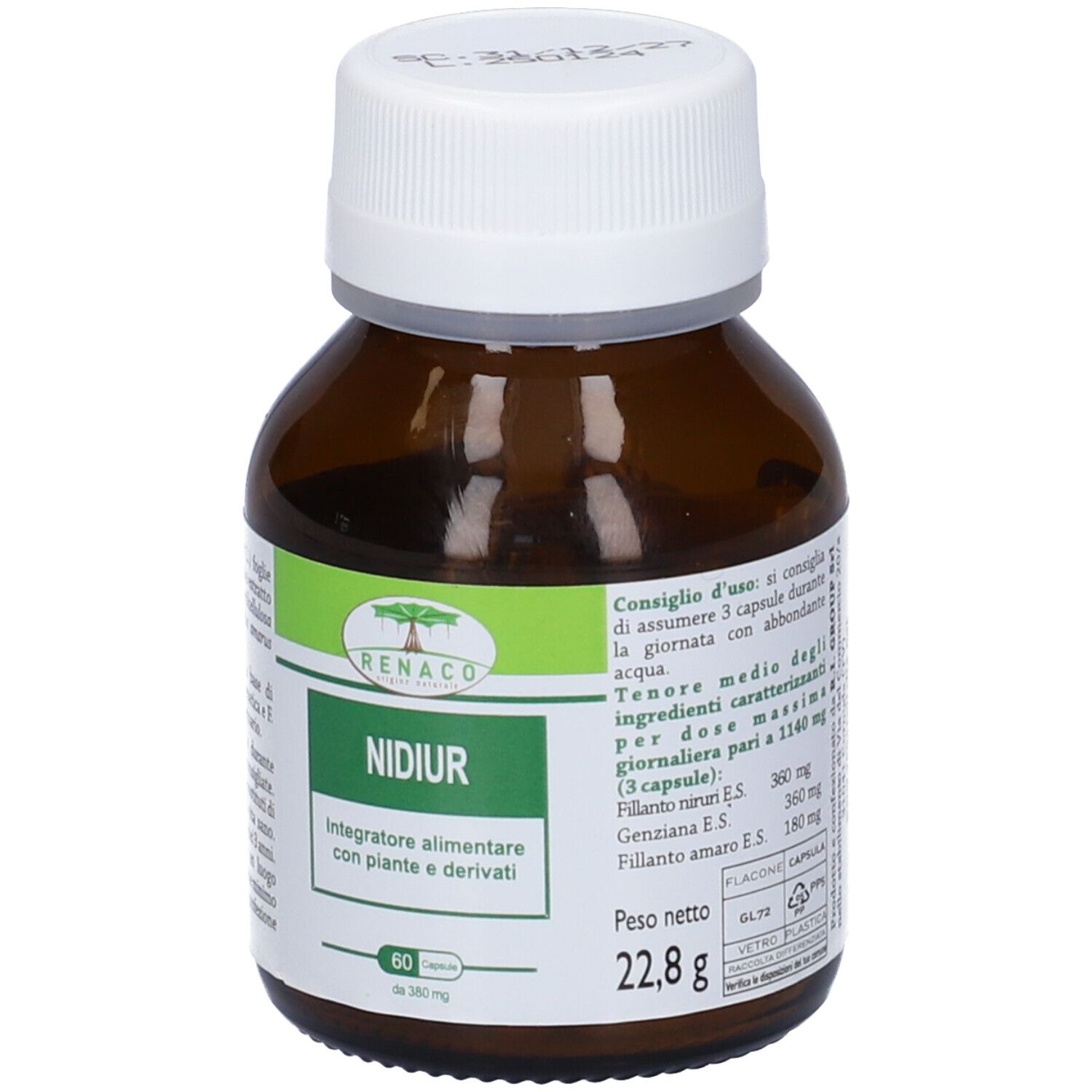 Flacone di vetro marrone con tappo bianco. Etichetta con fascia verde e testo. Scritta: NIDIUR, 60 capsule. Peso: 22,8 g.