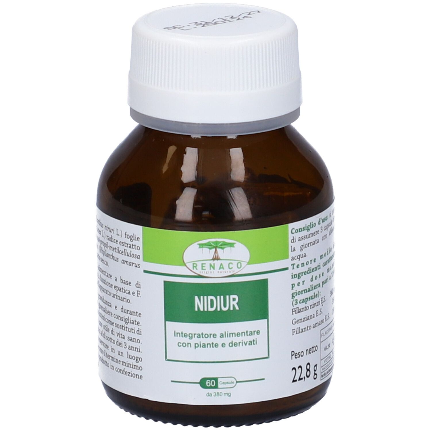 Flacone di vetro marrone con tappo bianco. Etichetta con fascia verde e testo. Scritta: NIDIUR, 60 capsule. Peso: 22,8 g.