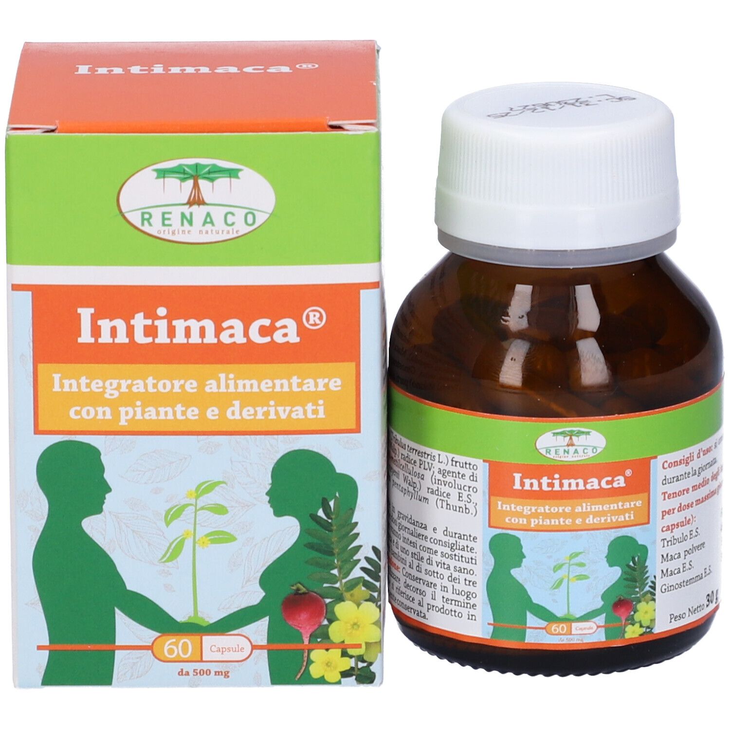 Scatola e flacone Intimaca. Sulla scatola, "60 capsule".