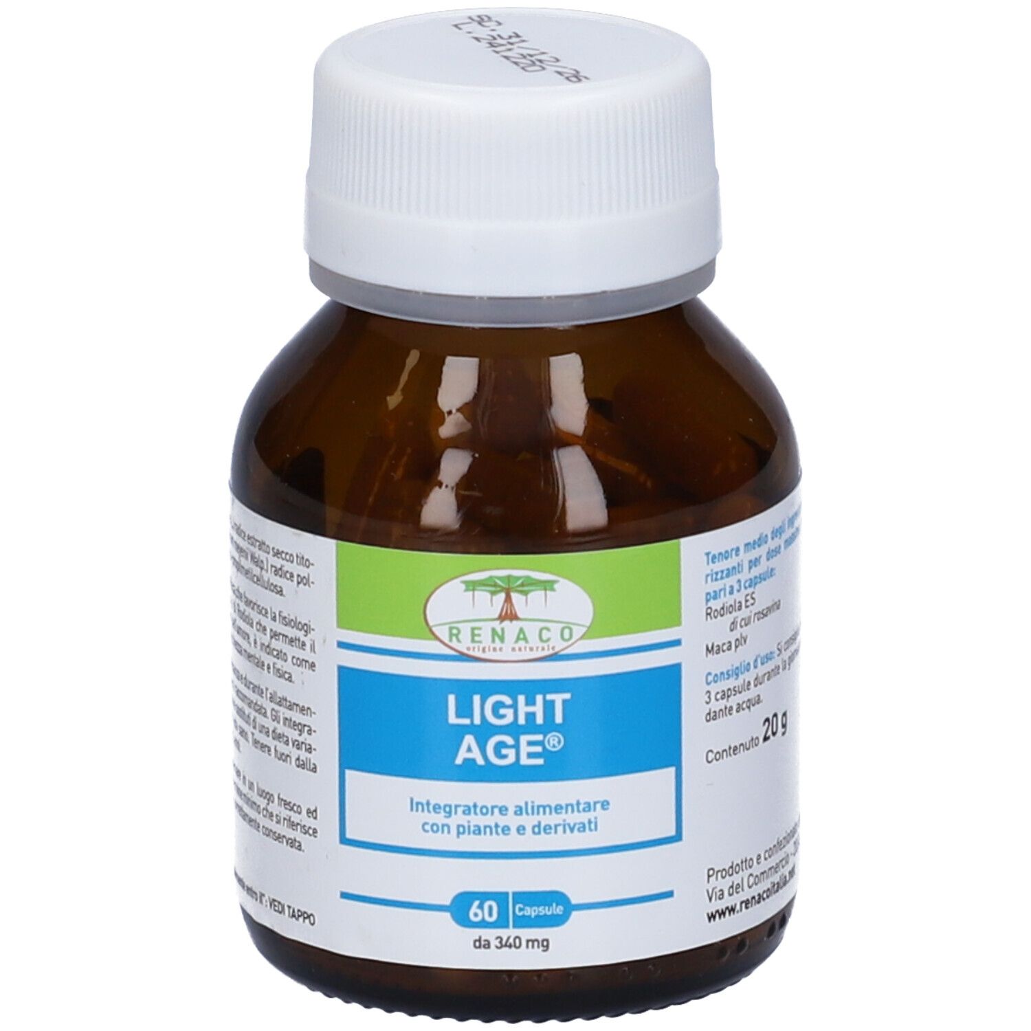 Flacone di vetro marrone con tappo bianco. L'etichetta riporta "LIGHT AGE" e "60 Capsule".