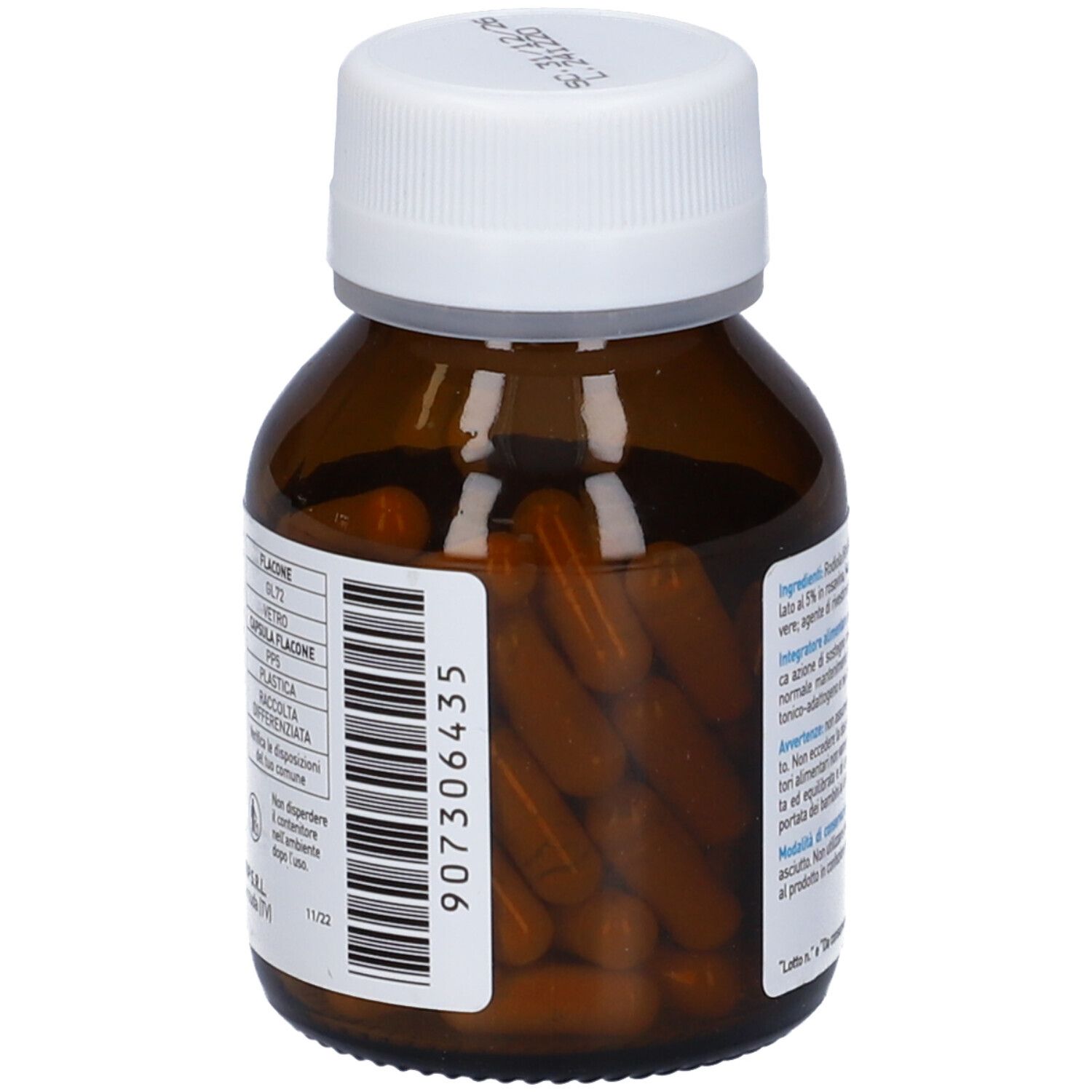 Flacone di vetro marrone con tappo bianco, pieno di capsule marroni. Codice a barre sul lato.