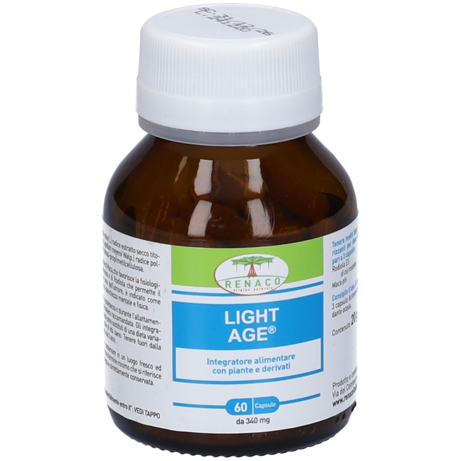 Flacone di vetro marrone con tappo bianco. L'etichetta riporta "LIGHT AGE" e "60 Capsule".